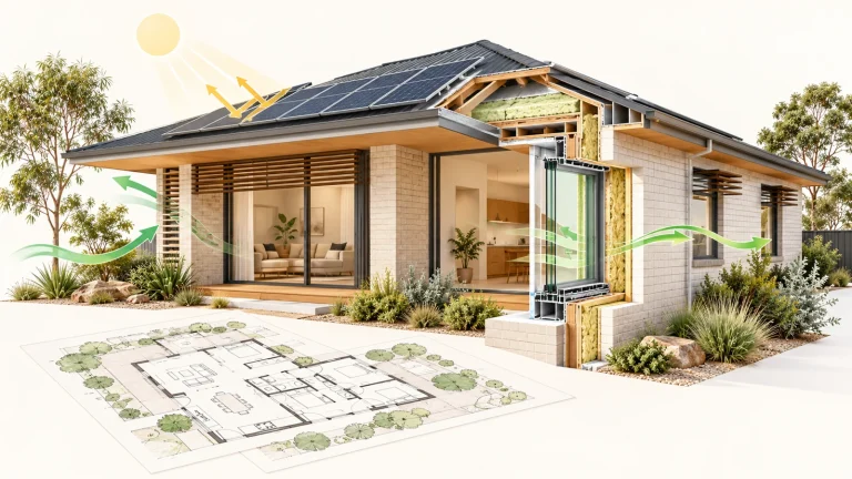 Illustration of an Australian home with solar panels, insulation and glazing details for a NatHERS assessment