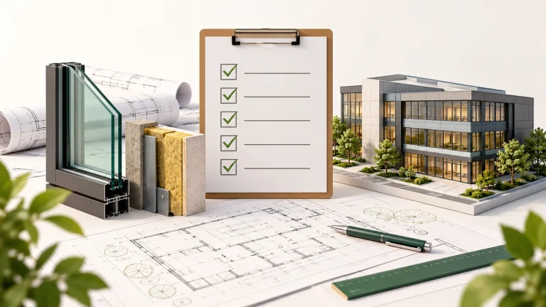 Section J assessment checklist beside commercial building plans, glazing and insulation samples
